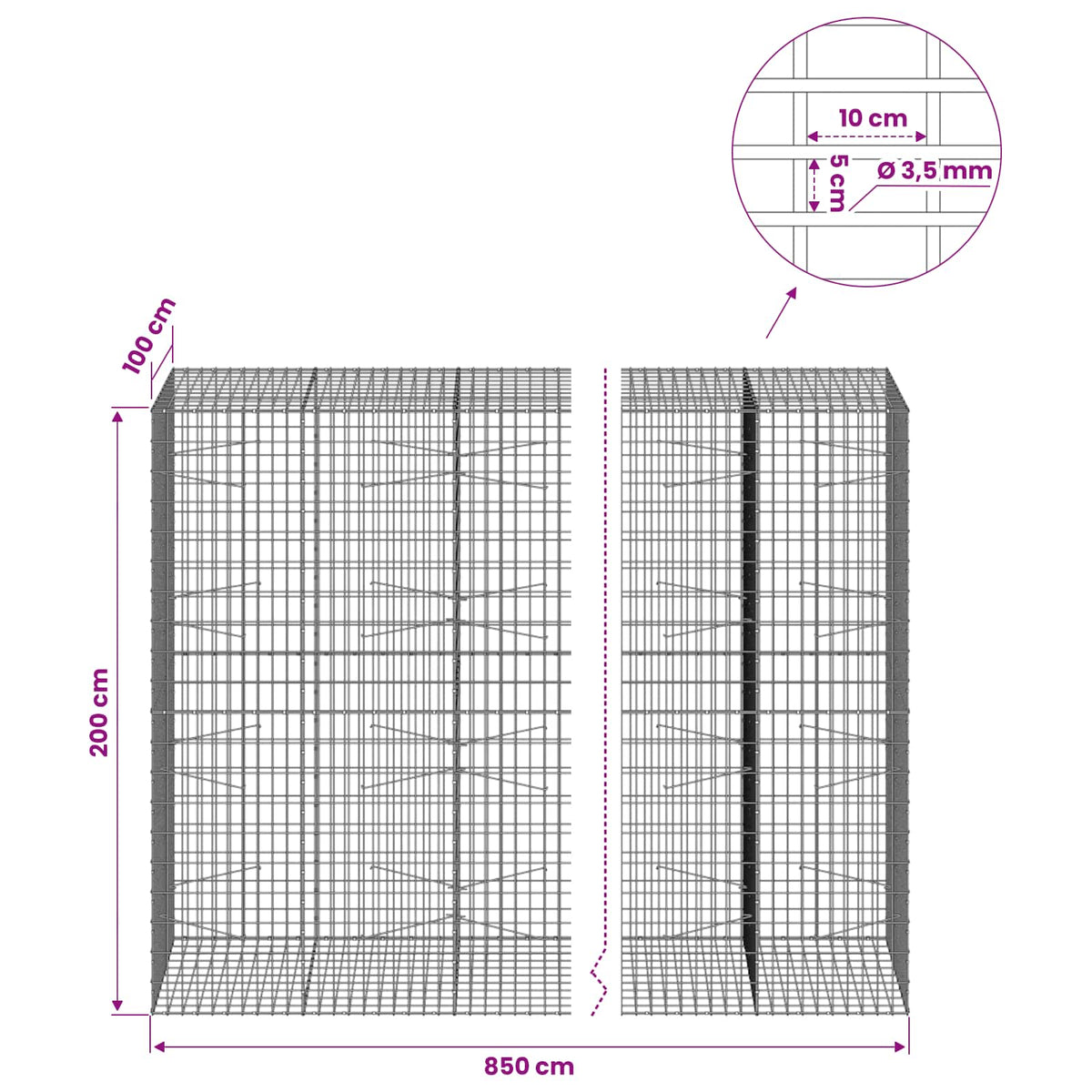 Gabion with 3.5 mm Wire and 5x10 cm Mesh 850x100x200 cm
