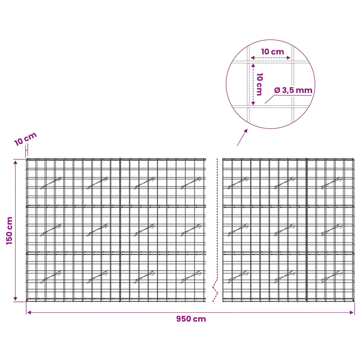 Gabion with 3.5 mm Wire and 10x10 cm Mesh 950x10x150 cm