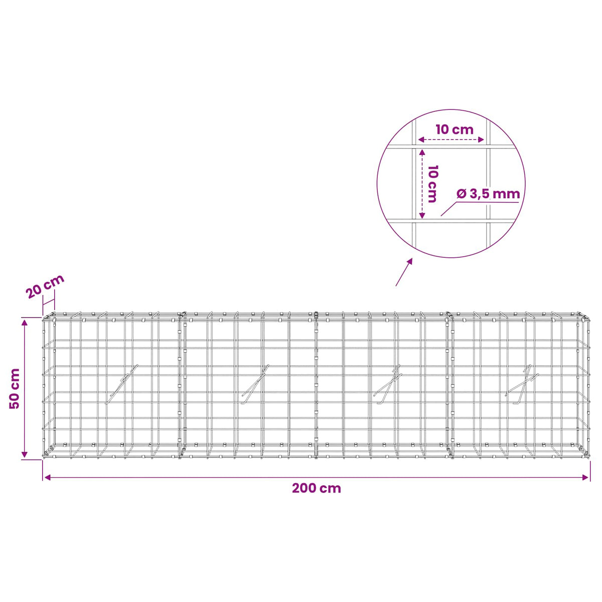 Gabion with 3.5 mm Wire and 10x10 cm Mesh 200x20x50 cm