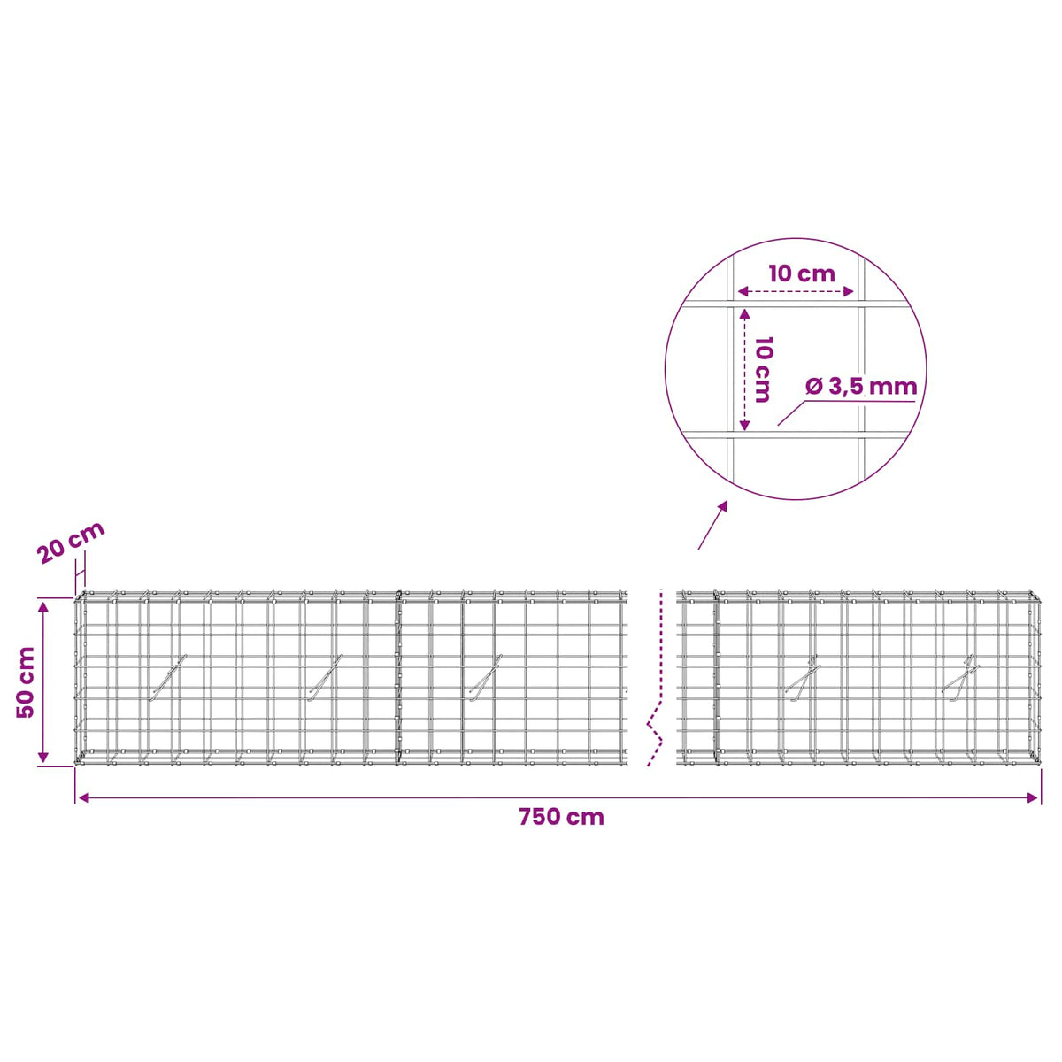 Gabion with 3.5 mm Wire and 10x10 cm Mesh 750x20x50 cm