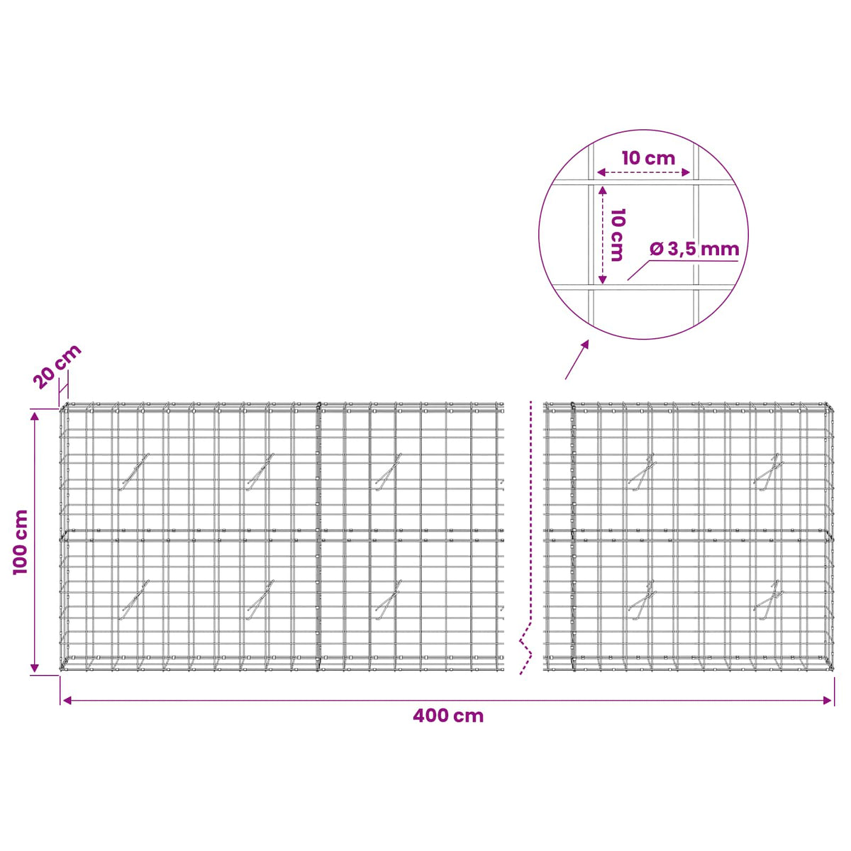 Gabion with 3.5 mm Wire and 10x10 cm Mesh 400x20x100 cm