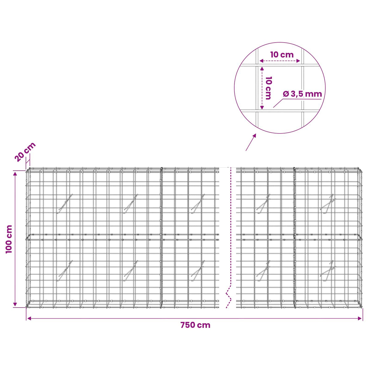 Gabion with 3.5 mm Wire and 10x10 cm Mesh 750x20x100 cm