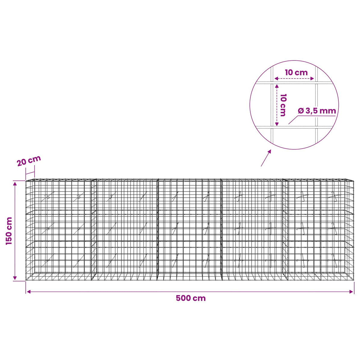 Gabion with 3.5 mm Wire and 10x10 cm Mesh 500x20x150 cm