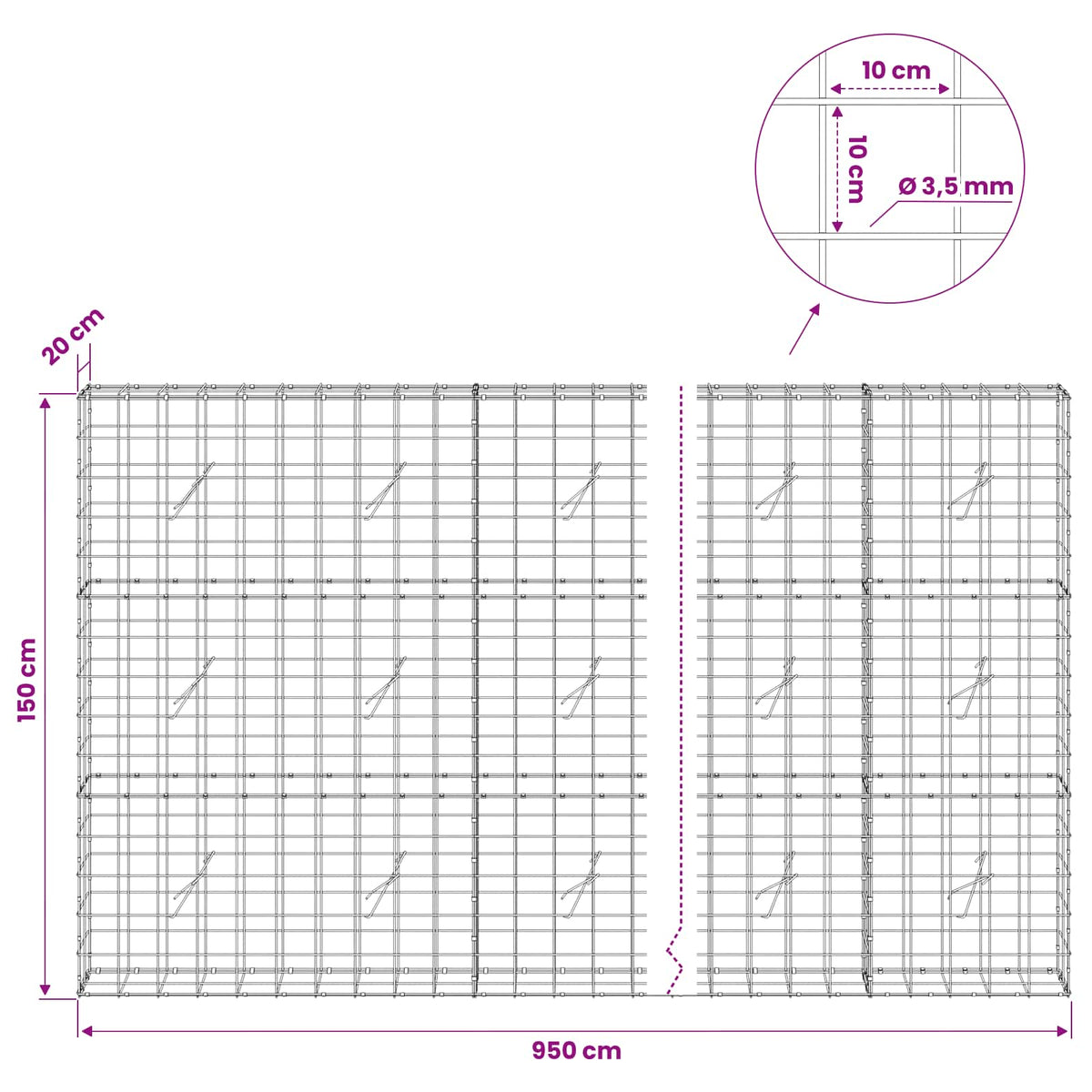 Gabion with 3.5 mm Wire and 10x10 cm Mesh 950x20x150 cm