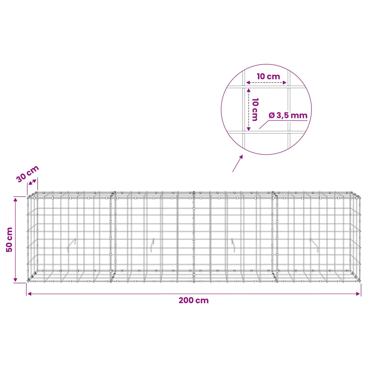 Gabion with 3.5 mm Wire and 10x10 cm Mesh 200x30x50 cm