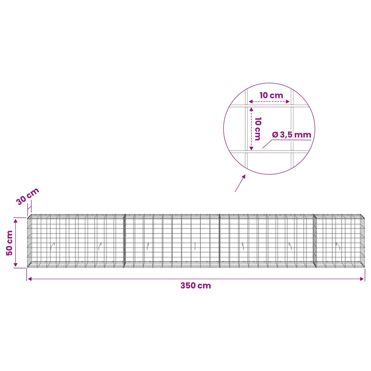 Gabion with 3.5 mm Wire and 10x10 cm Mesh 350x30x50 cm