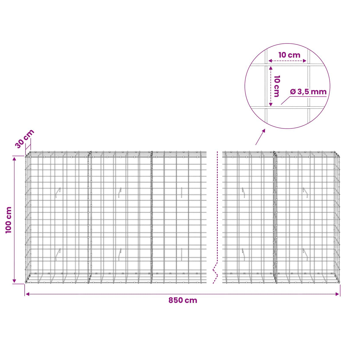 Gabion with 3.5 mm Wire and 10x10 cm Mesh 850x30x100 cm