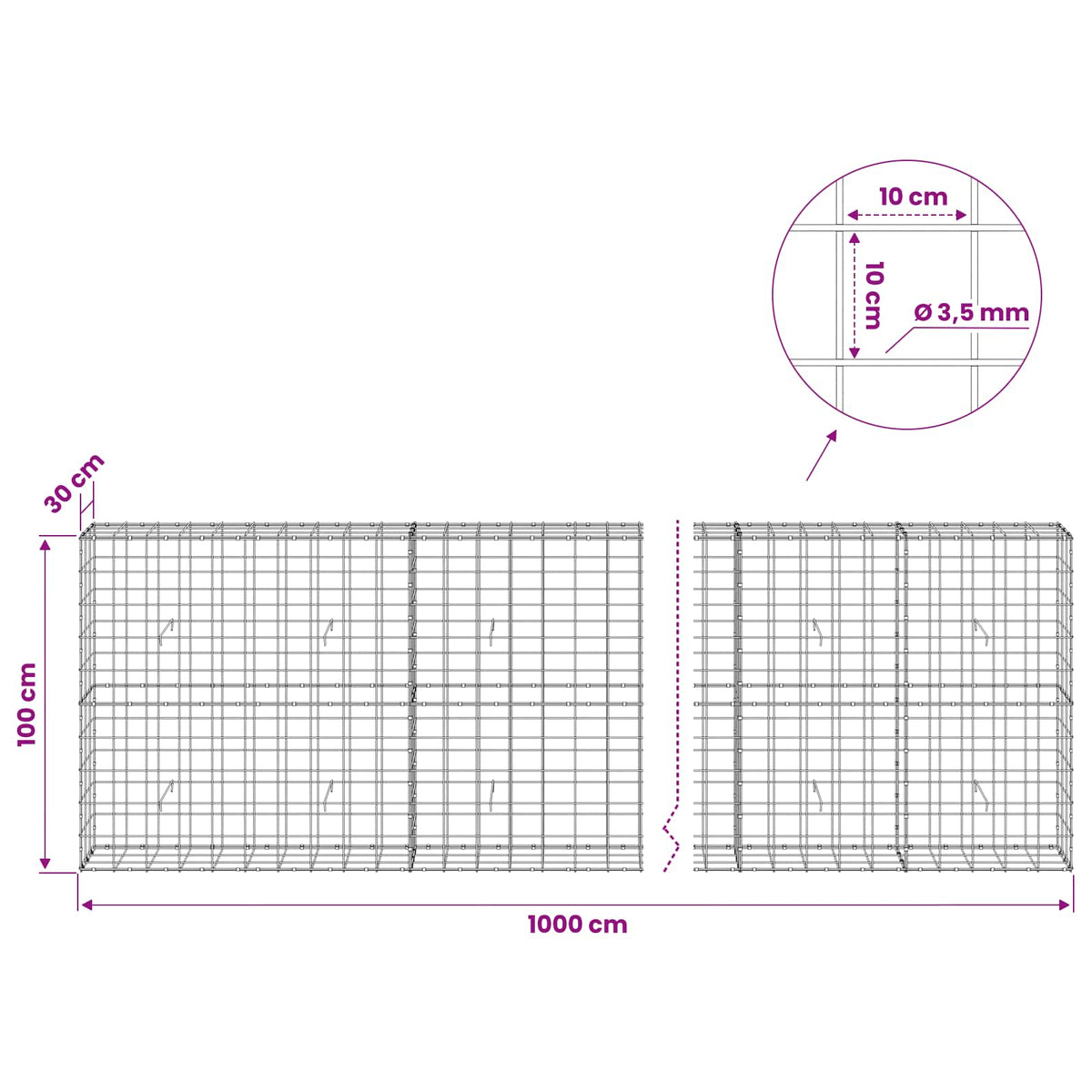 Gabion with 3.5 mm Wire and 10x10 cm Mesh 1000x30x100 cm