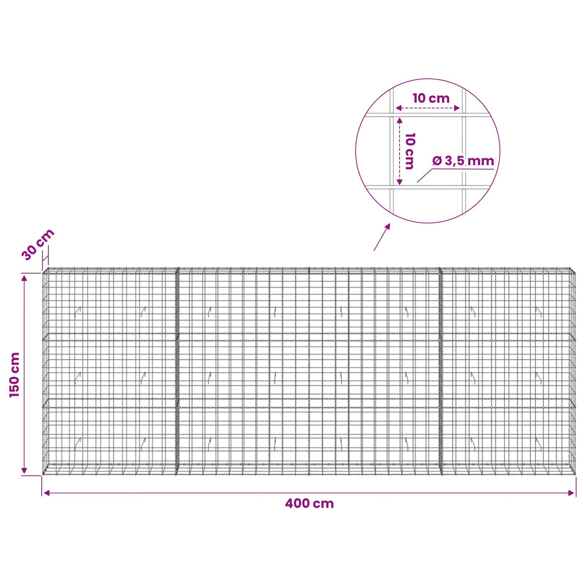 Gabion with 3.5 mm Wire and 10x10 cm Mesh 400x30x150 cm