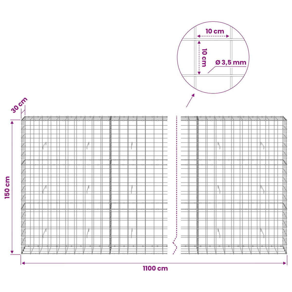 Gabion with 3.5 mm Wire and 10x10 cm Mesh 1100x30x150 cm
