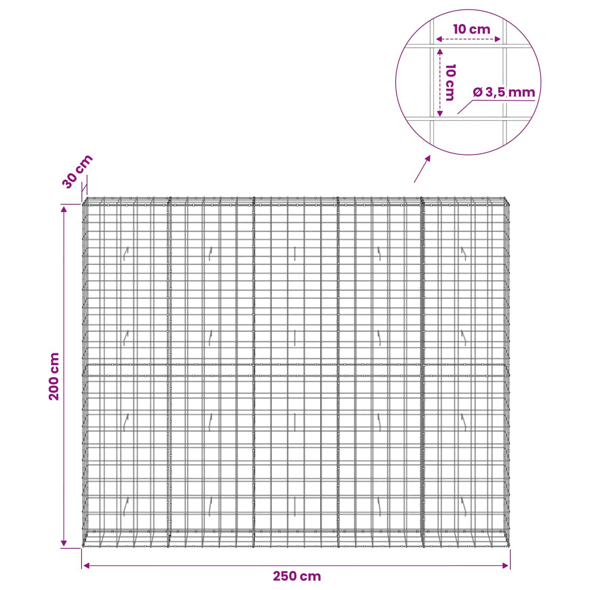 Gabion with 3.5 mm Wire and 10x10 cm Mesh 250x30x200 cm