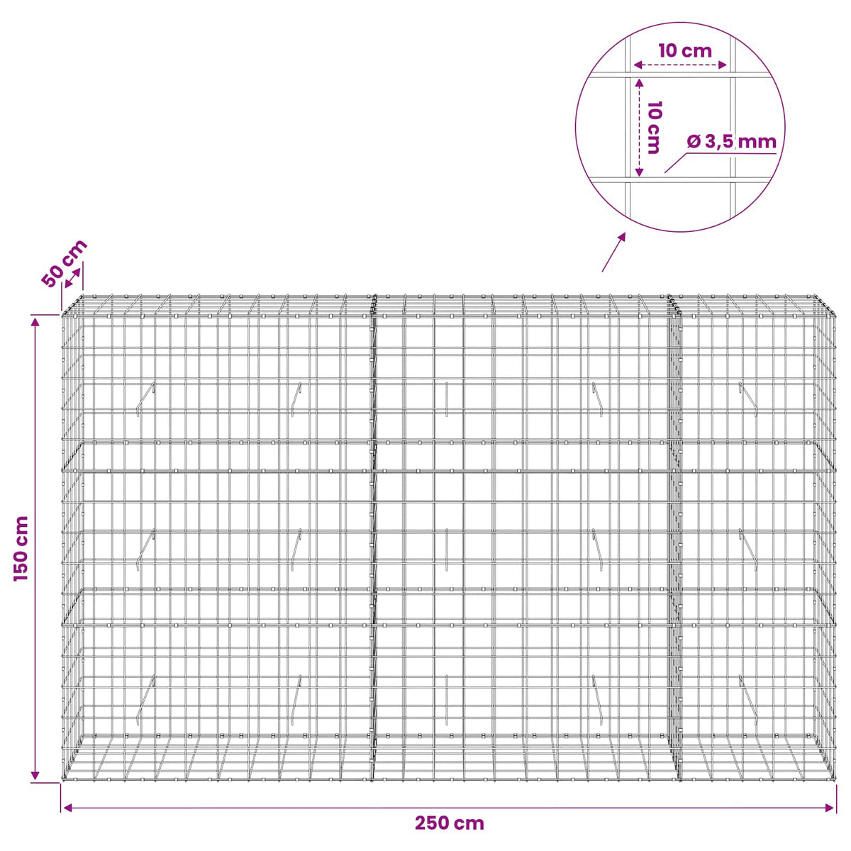 Gabion with 3.5 mm Wire and 10x10 cm Mesh 250x50x150 cm