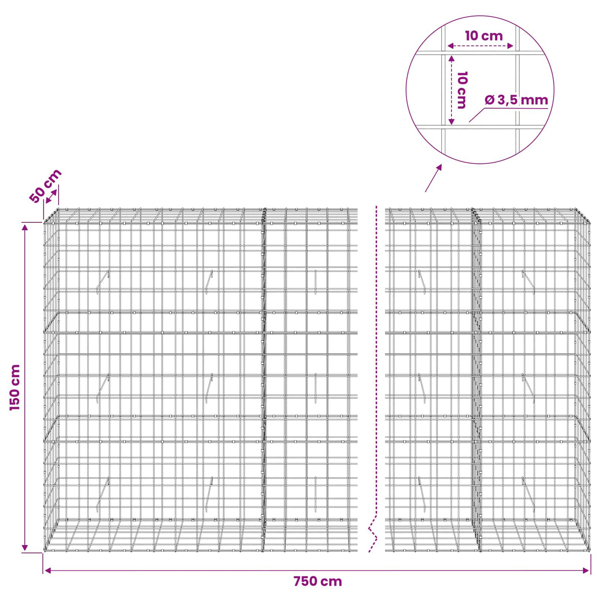Gabion with 3.5 mm Wire and 10x10 cm Mesh 750x50x150 cm