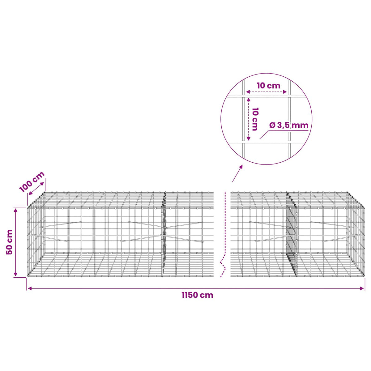 Gabion with 3.5 mm Wire and 10x10 cm Mesh 1150x100x50 cm