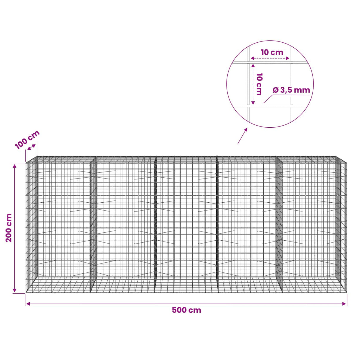 Gabion with 3.5 mm Wire and 10x10 cm Mesh 500x100x200 cm