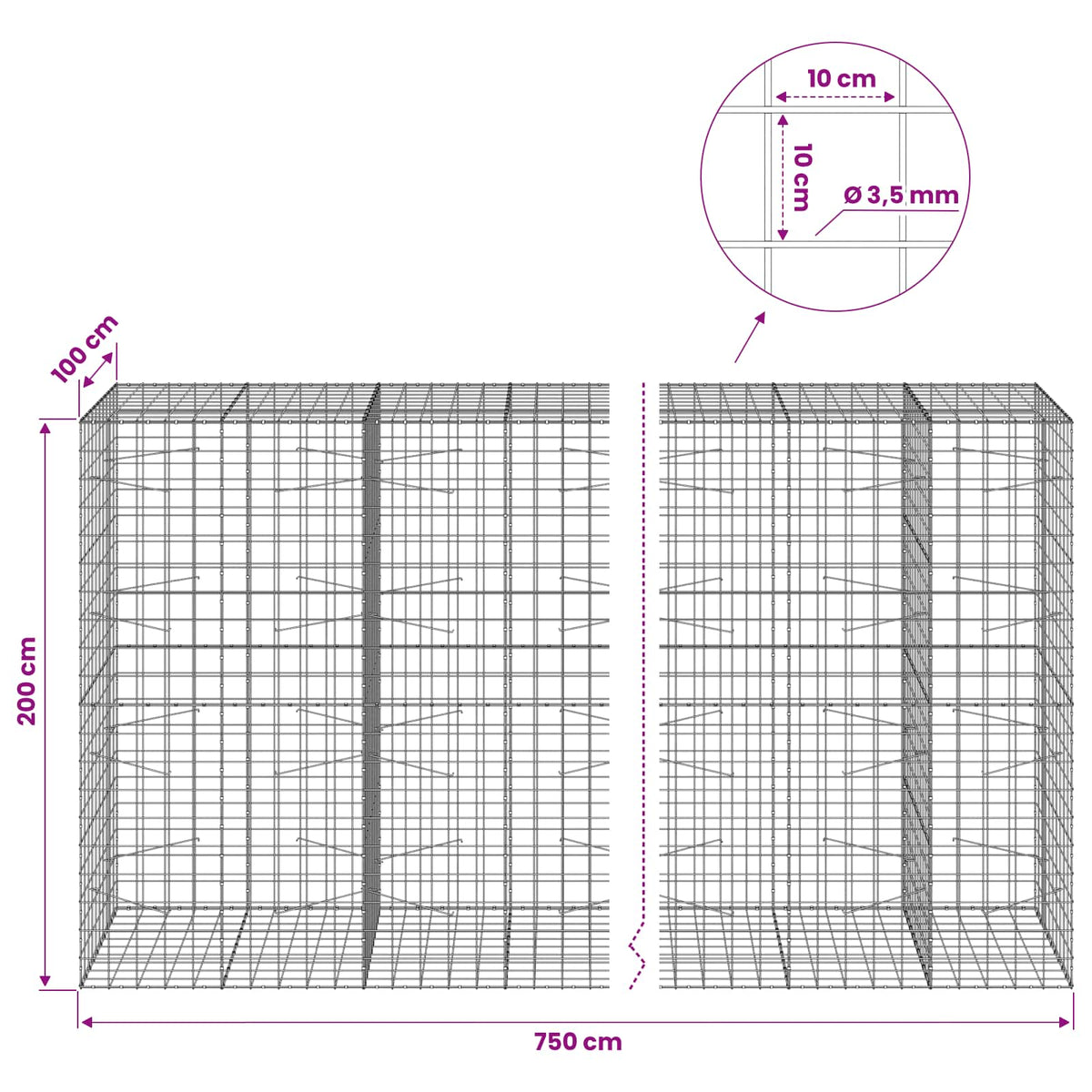 Gabion with 3.5 mm Wire and 10x10 cm Mesh 750x100x200 cm
