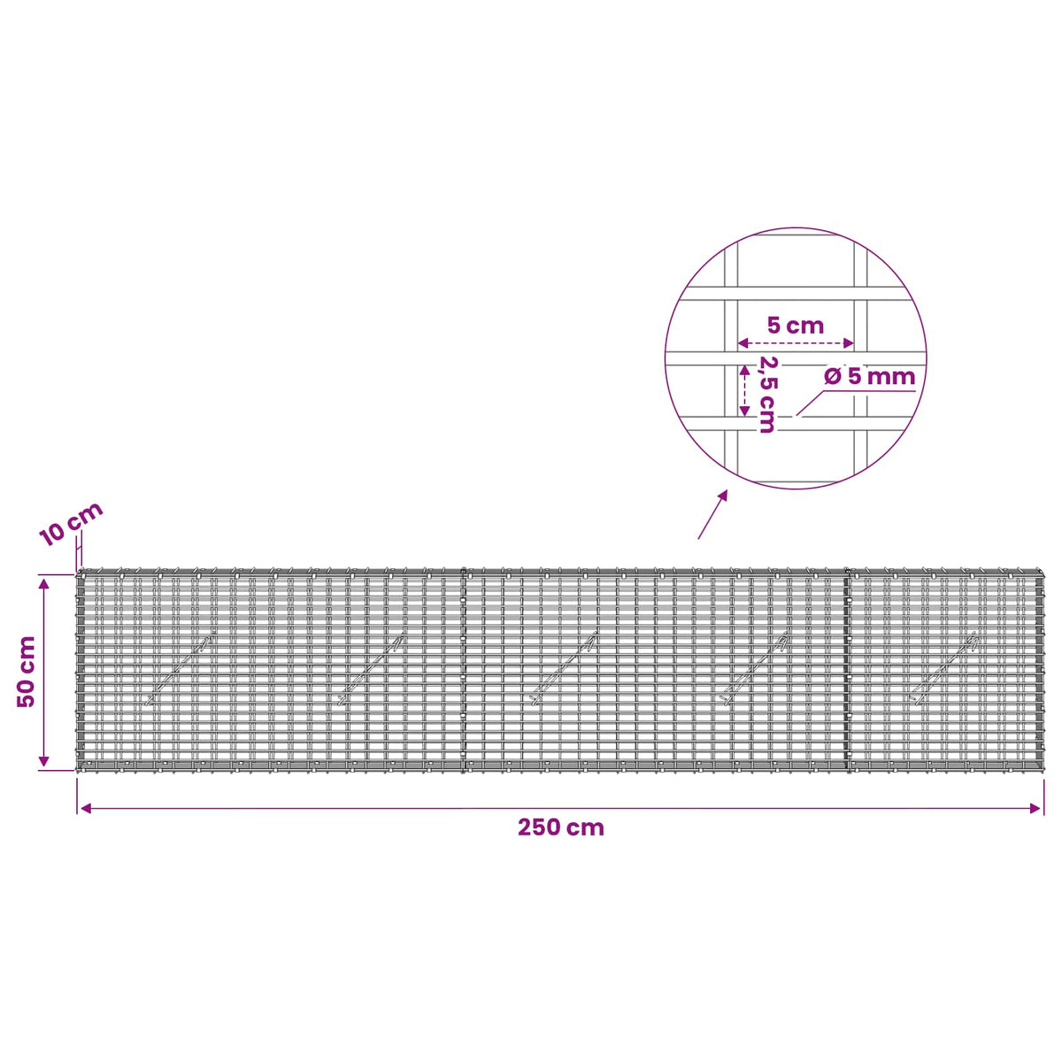 Gabion with 5 mm Wire and 5x2.5 cm Mesh 250x10x50 cm