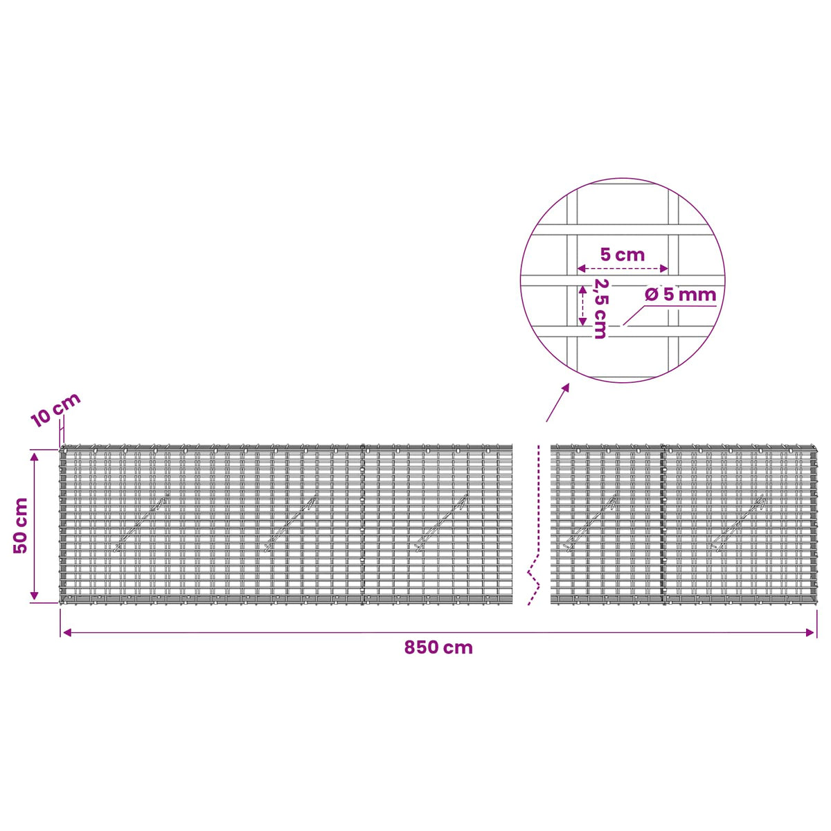 Gabion with 5 mm Wire and 5x2.5 cm Mesh 850x10x50 cm