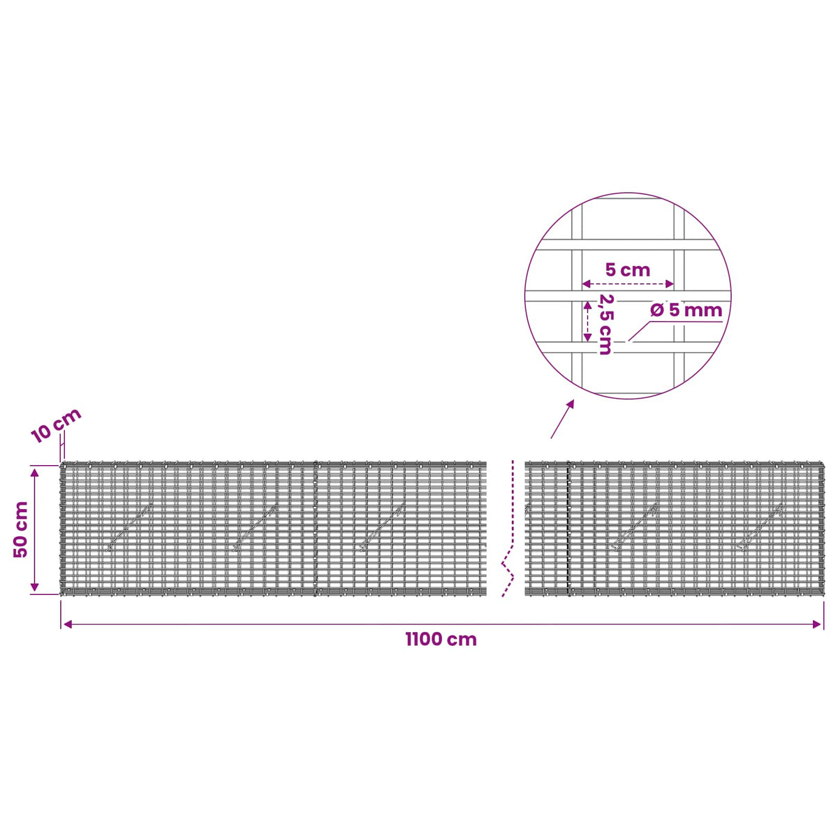 Gabion with 5 mm Wire and 5x2.5 cm Mesh 1100x10x50 cm