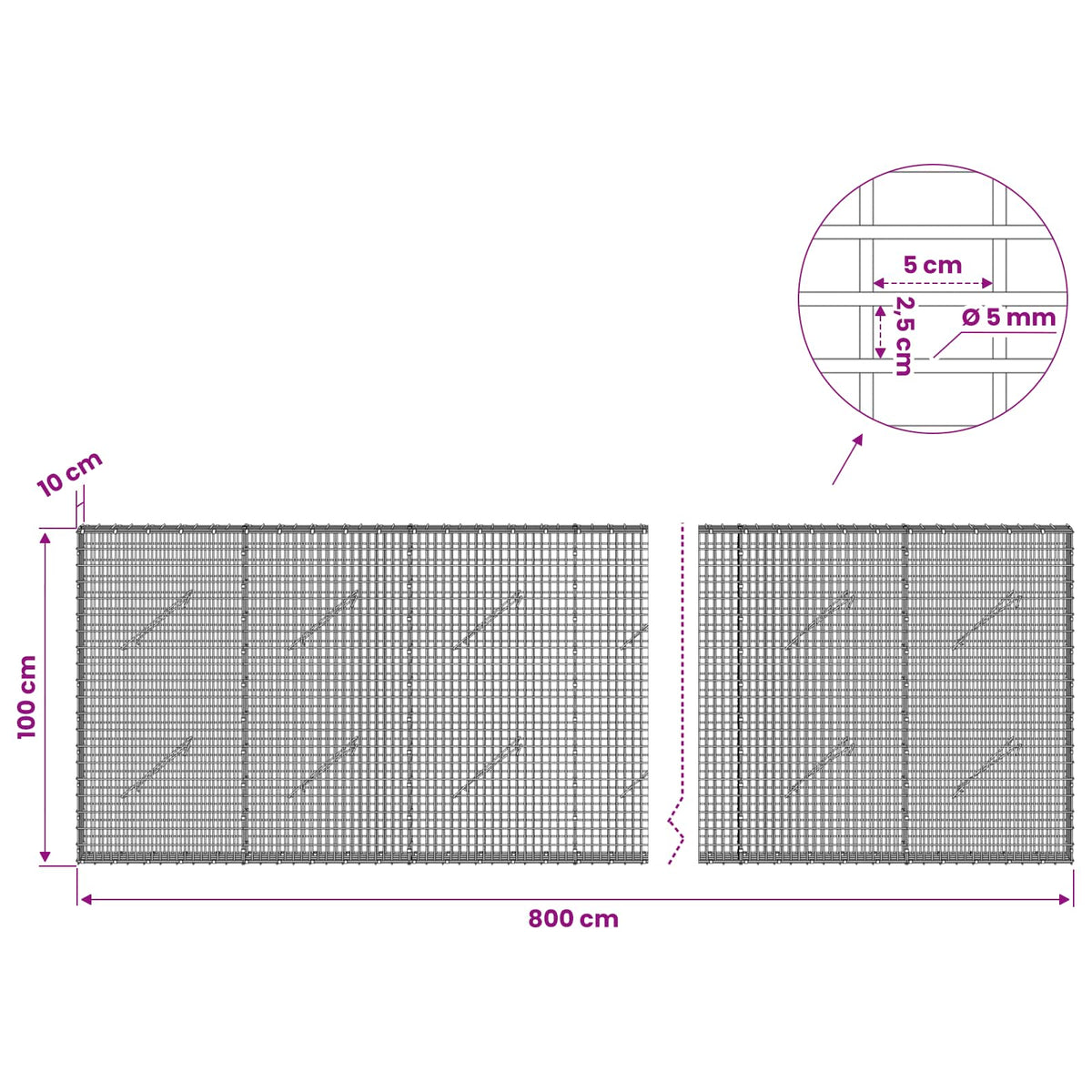 Gabion with 5 mm Wire and 5x2.5 cm Mesh 800x10x100 cm