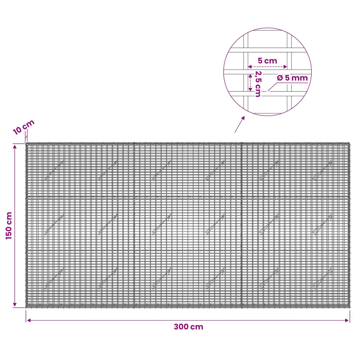 Gabion with 5 mm Wire and 5x2.5 cm Mesh 300x10x150 cm