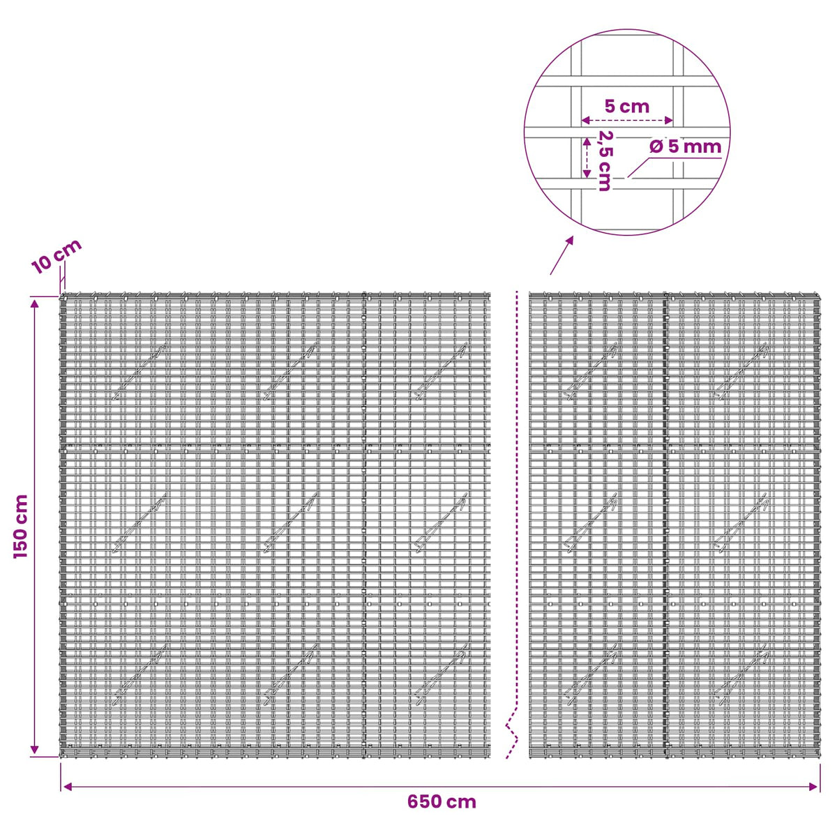 Gabion with 5 mm Wire and 5x2.5 cm Mesh 650x10x150 cm
