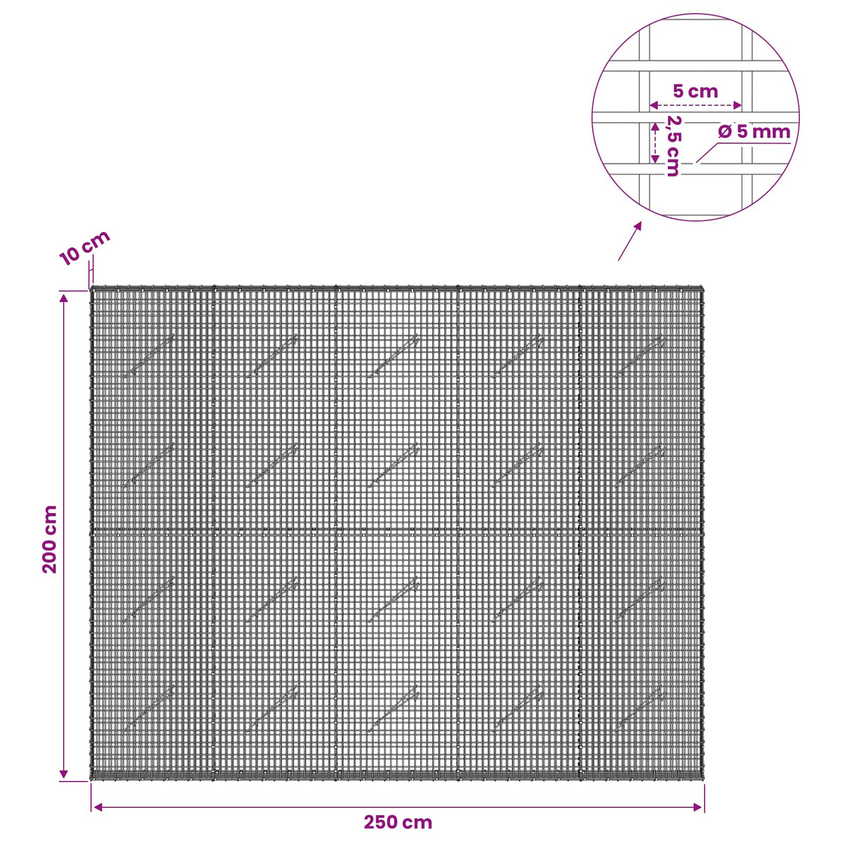 Gabion with 5 mm Wire and 5x2.5 cm Mesh 250x10x200 cm