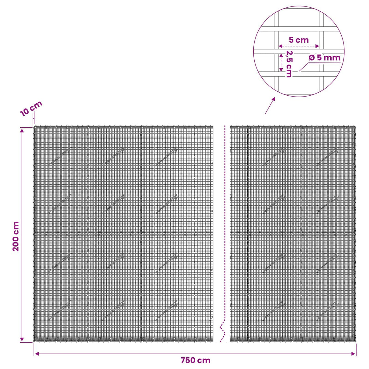 Gabion with 5 mm Wire and 5x2.5 cm Mesh 750x10x200 cm