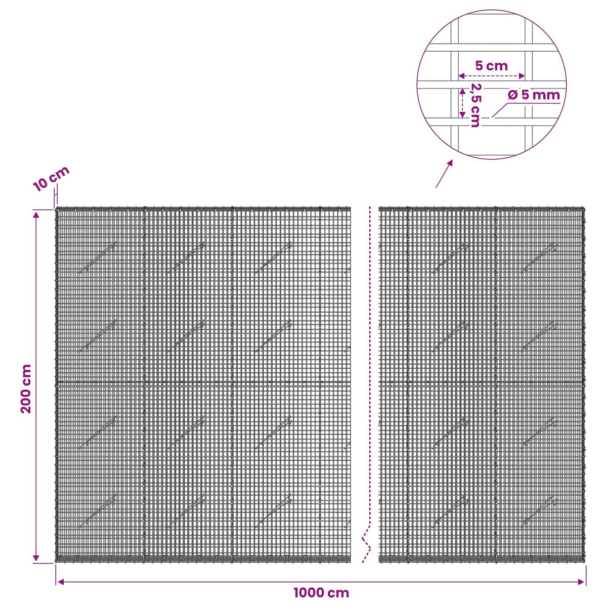 Gabion with 5 mm Wire and 5x2.5 cm Mesh 1000x10x200 cm