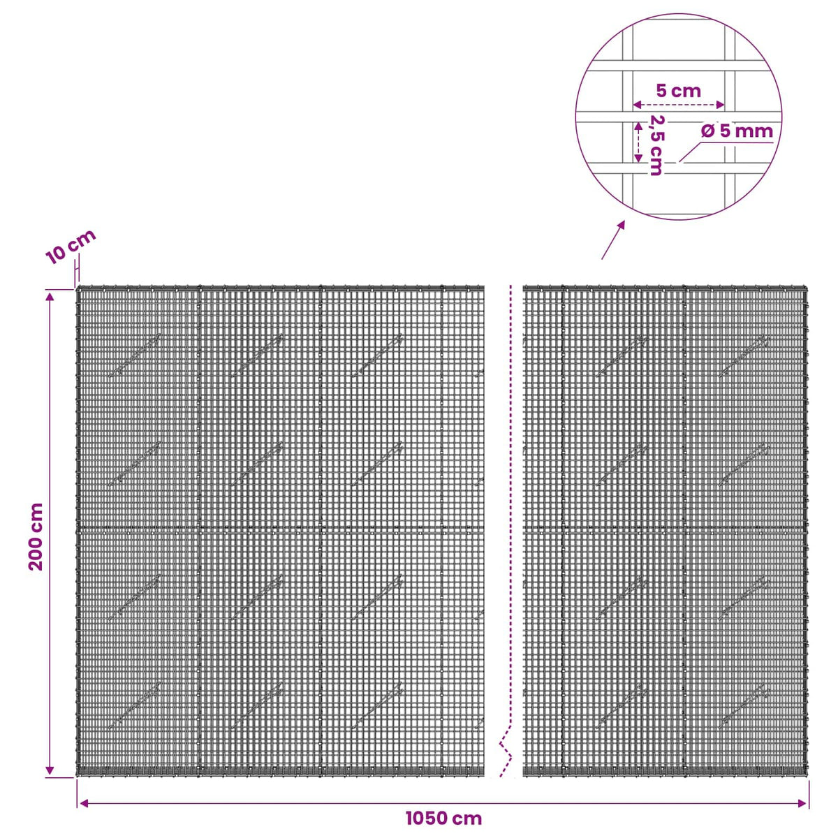 Gabion with 5 mm Wire and 5x2.5 cm Mesh 1050x10x200 cm