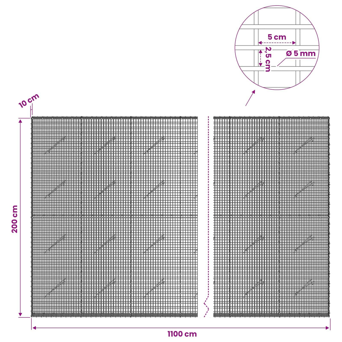 Gabion with 5 mm Wire and 5x2.5 cm Mesh 1100x10x200 cm