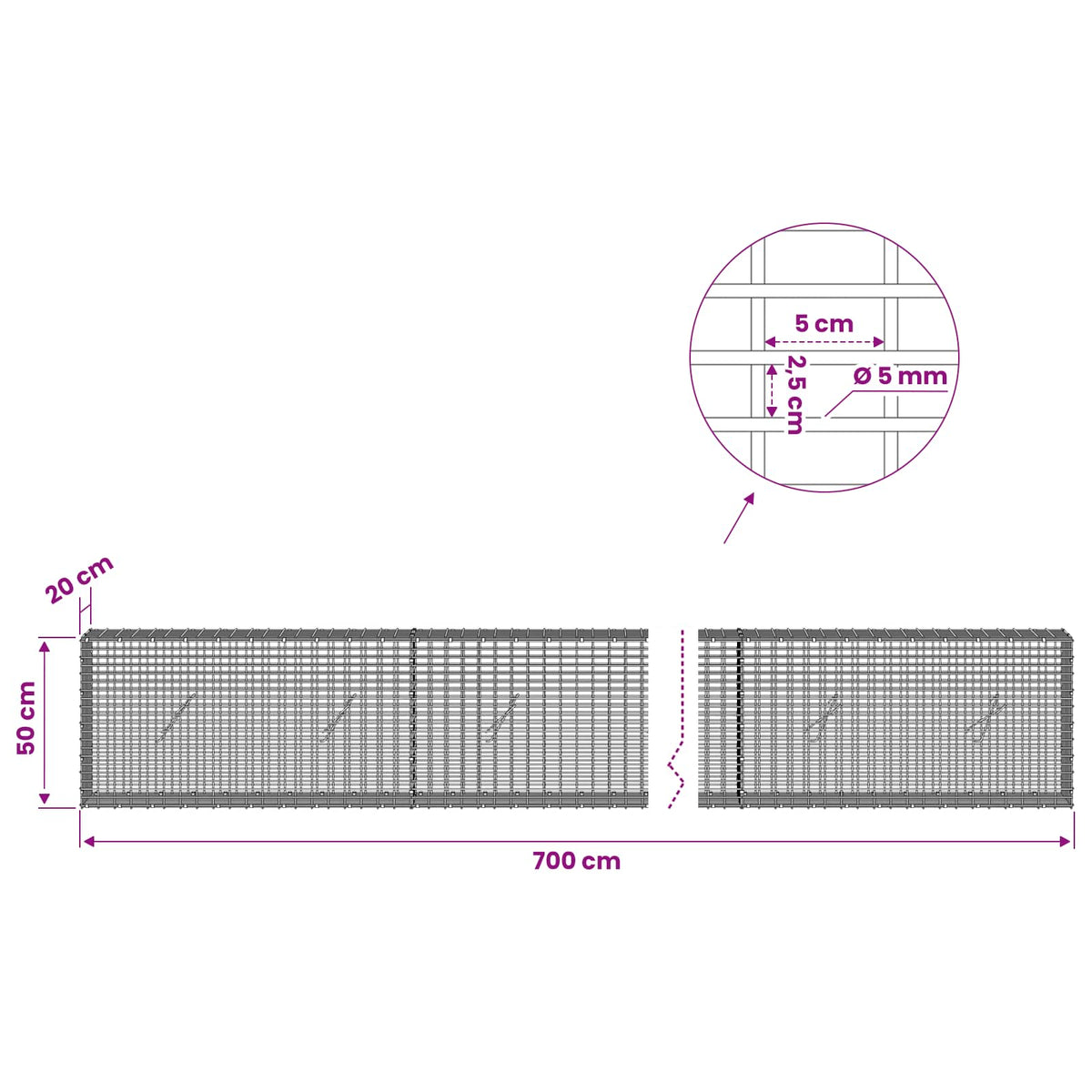 Gabion with 5 mm Wire and 5x2.5 cm Mesh 700x20x50 cm