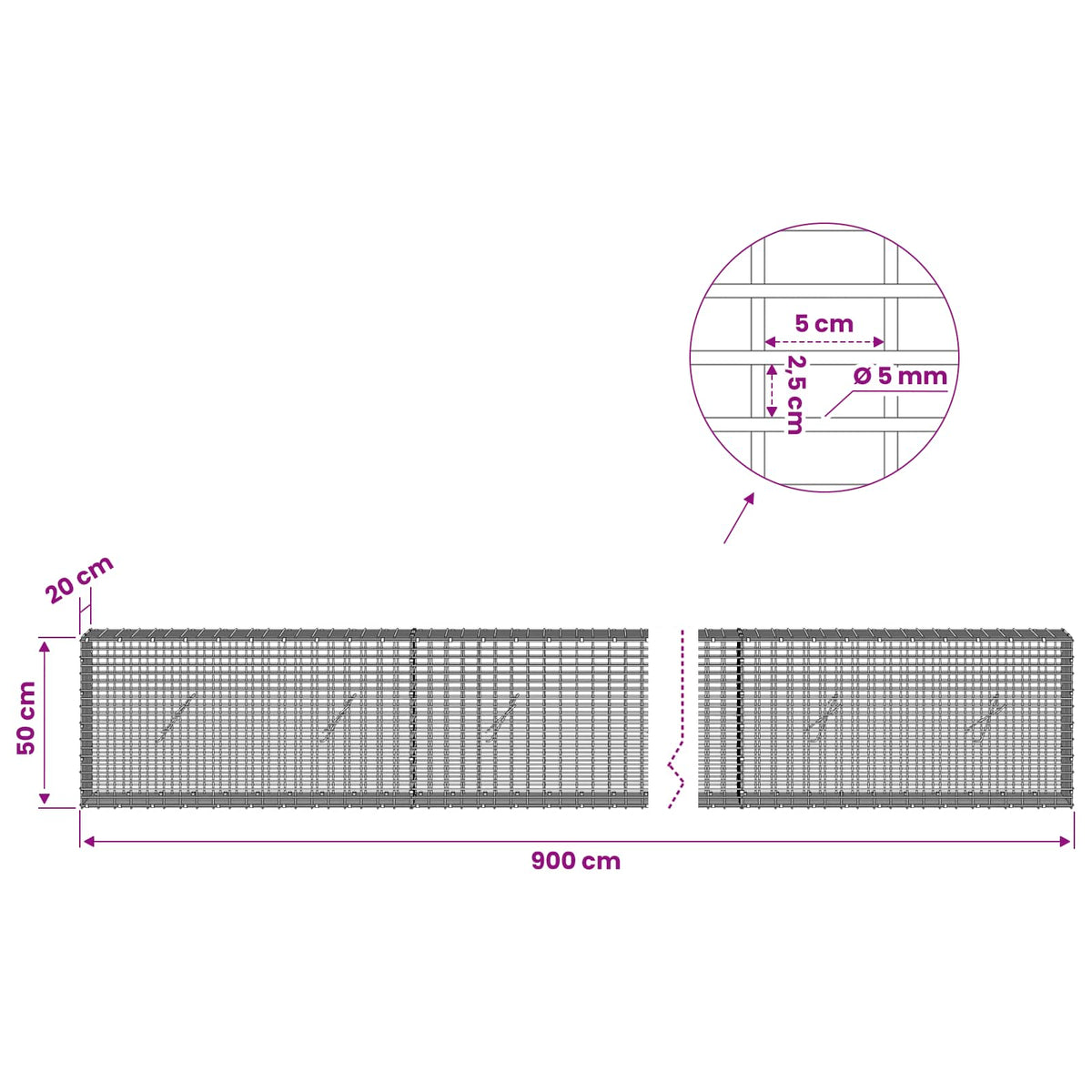Gabion with 5 mm Wire and 5x2.5 cm Mesh 900x20x50 cm