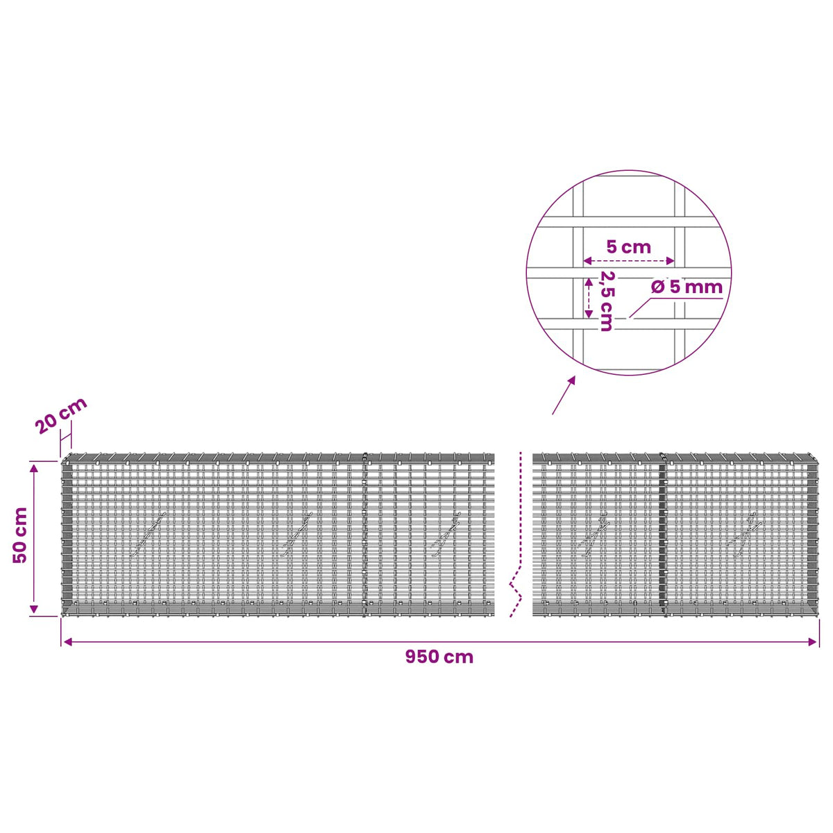 Gabion with 5 mm Wire and 5x2.5 cm Mesh 950x20x50 cm