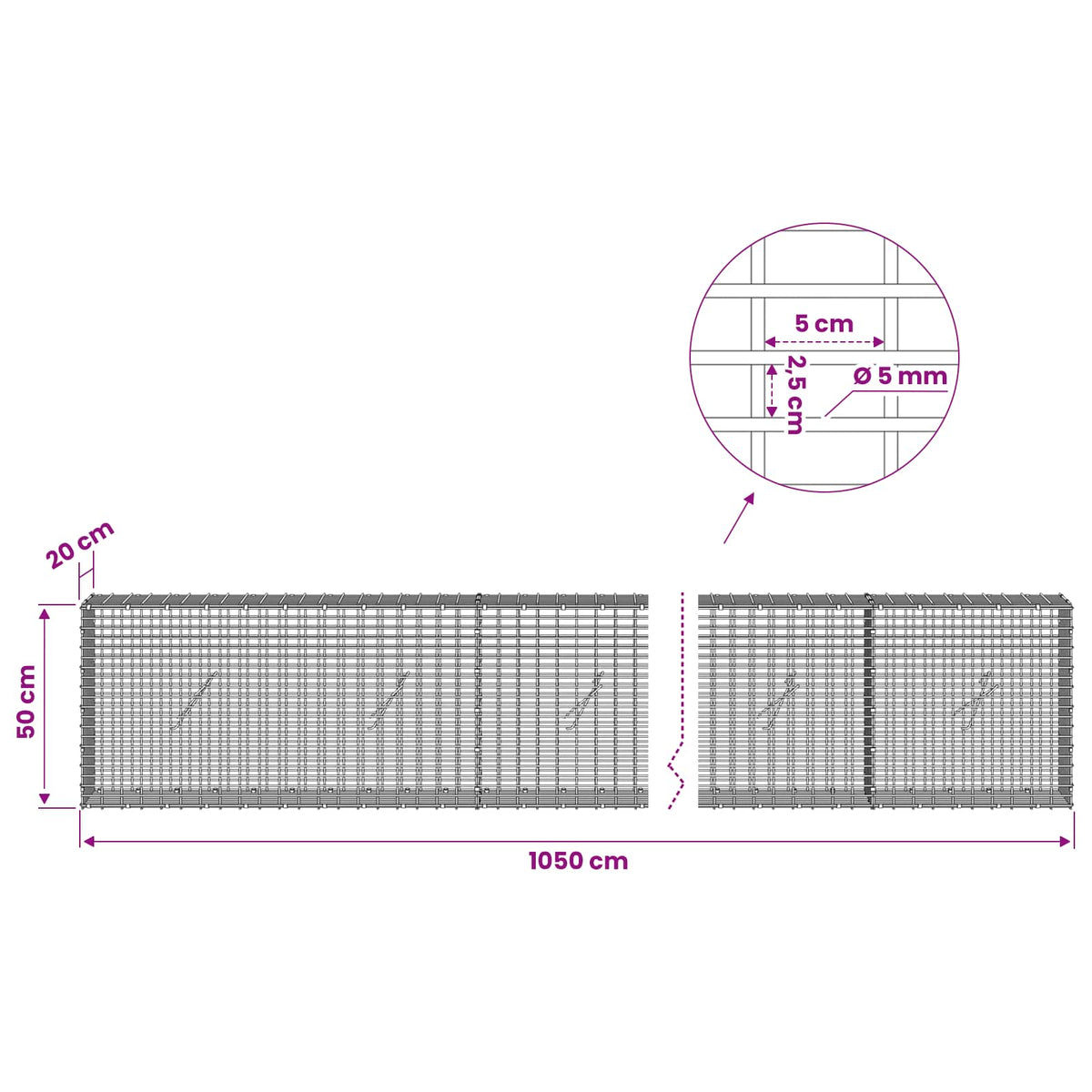 Gabion with 5 mm Wire and 5x2.5 cm Mesh 1050x20x50 cm
