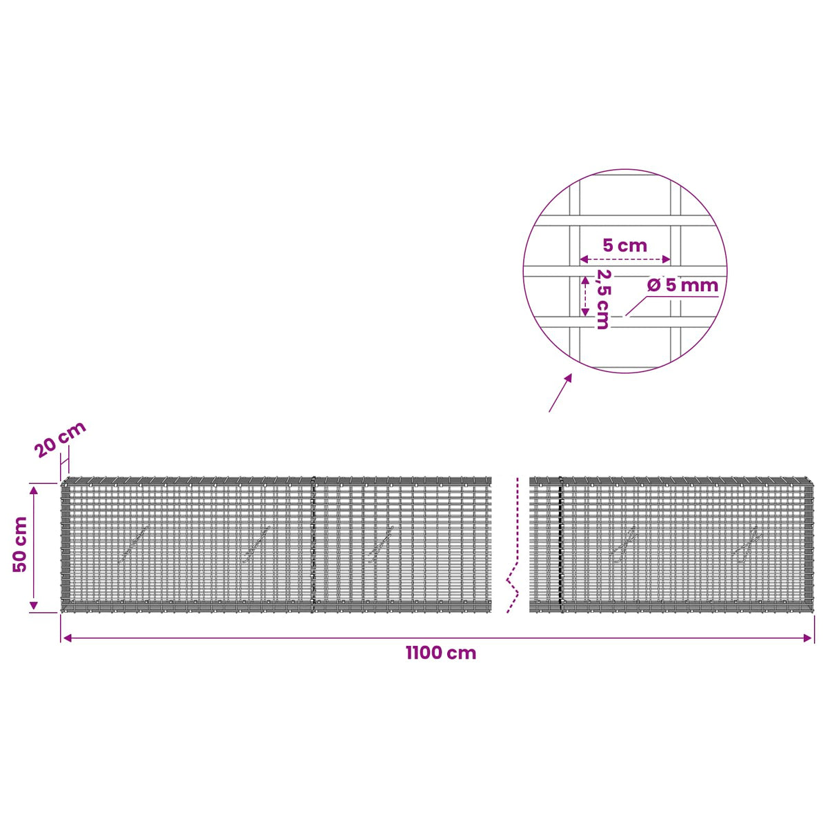 Gabion with 5 mm Wire and 5x2.5 cm Mesh 1100x20x50 cm