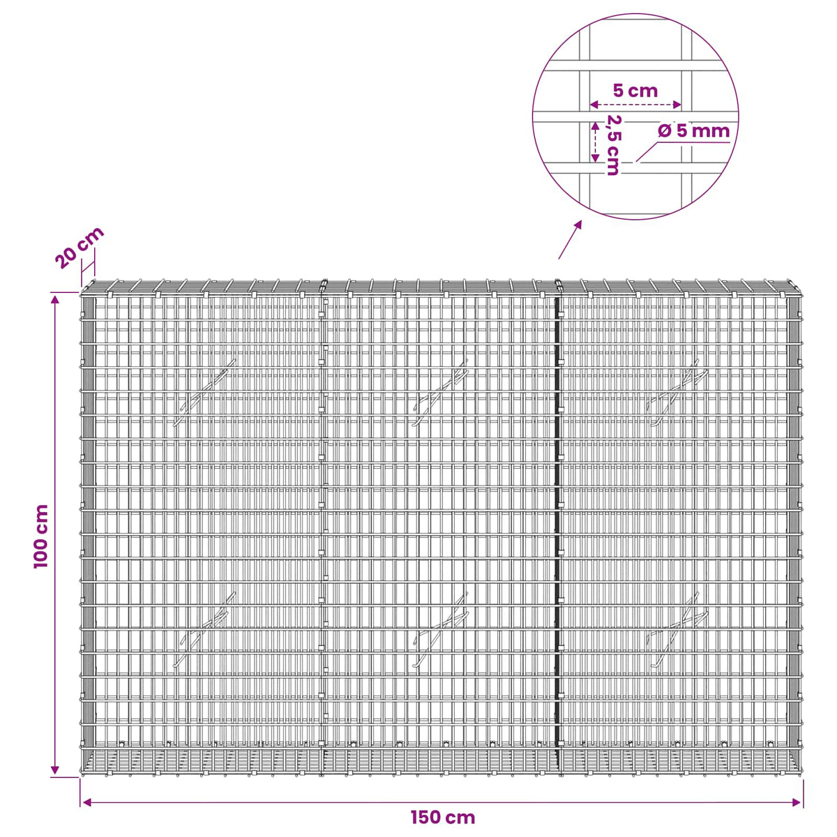Gabion with 5 mm Wire and 5x2.5 cm Mesh 150x20x100 cm