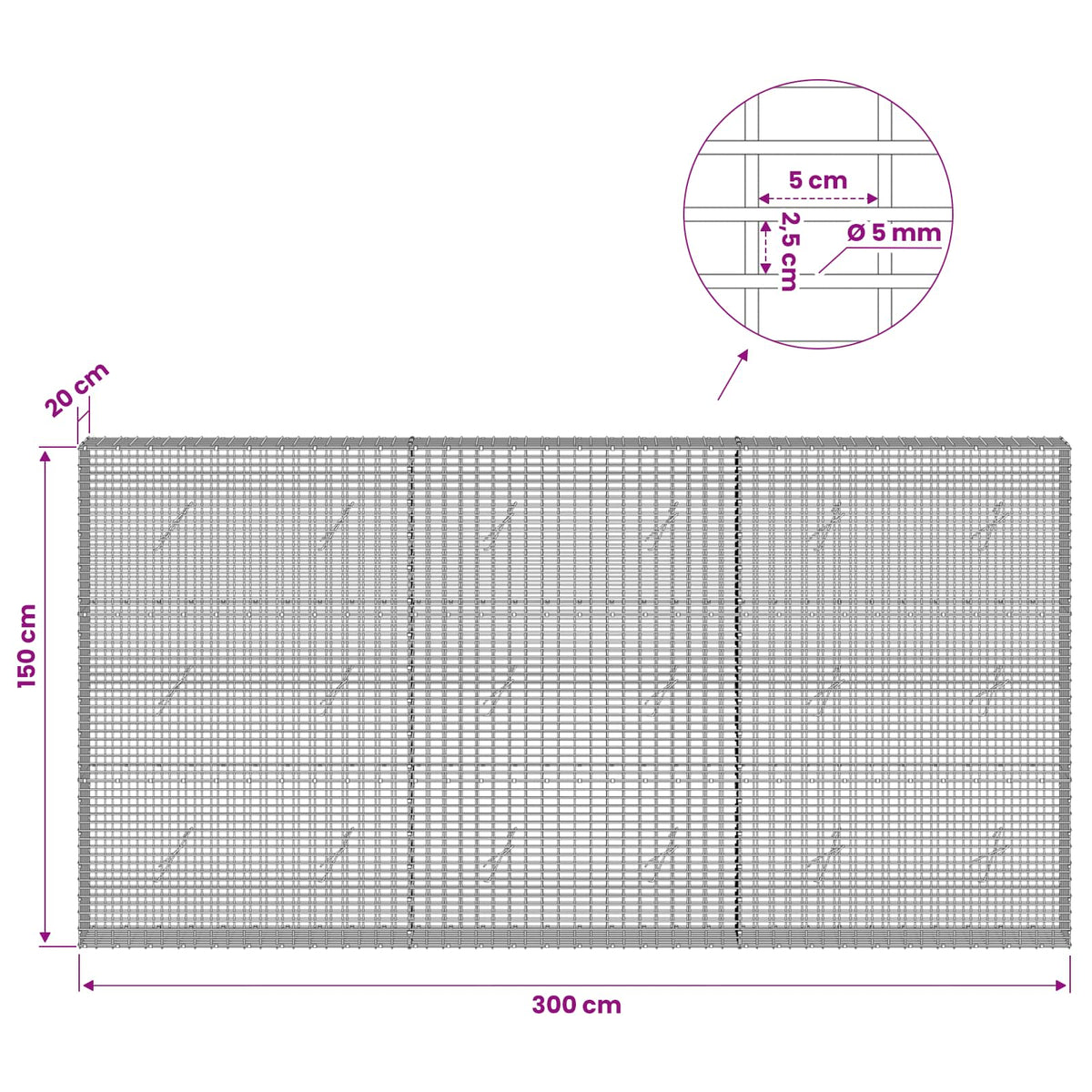 Gabion with 5 mm Wire and 5x2.5 cm Mesh 300x20x150 cm