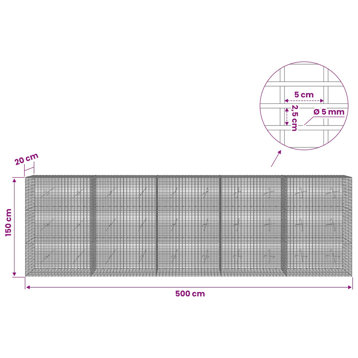 Gabion with 5 mm Wire and 5x2.5 cm Mesh 500x20x150 cm