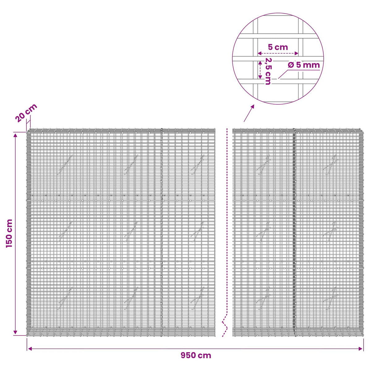 Gabion with 5 mm Wire and 5x2.5 cm Mesh 950x20x150 cm
