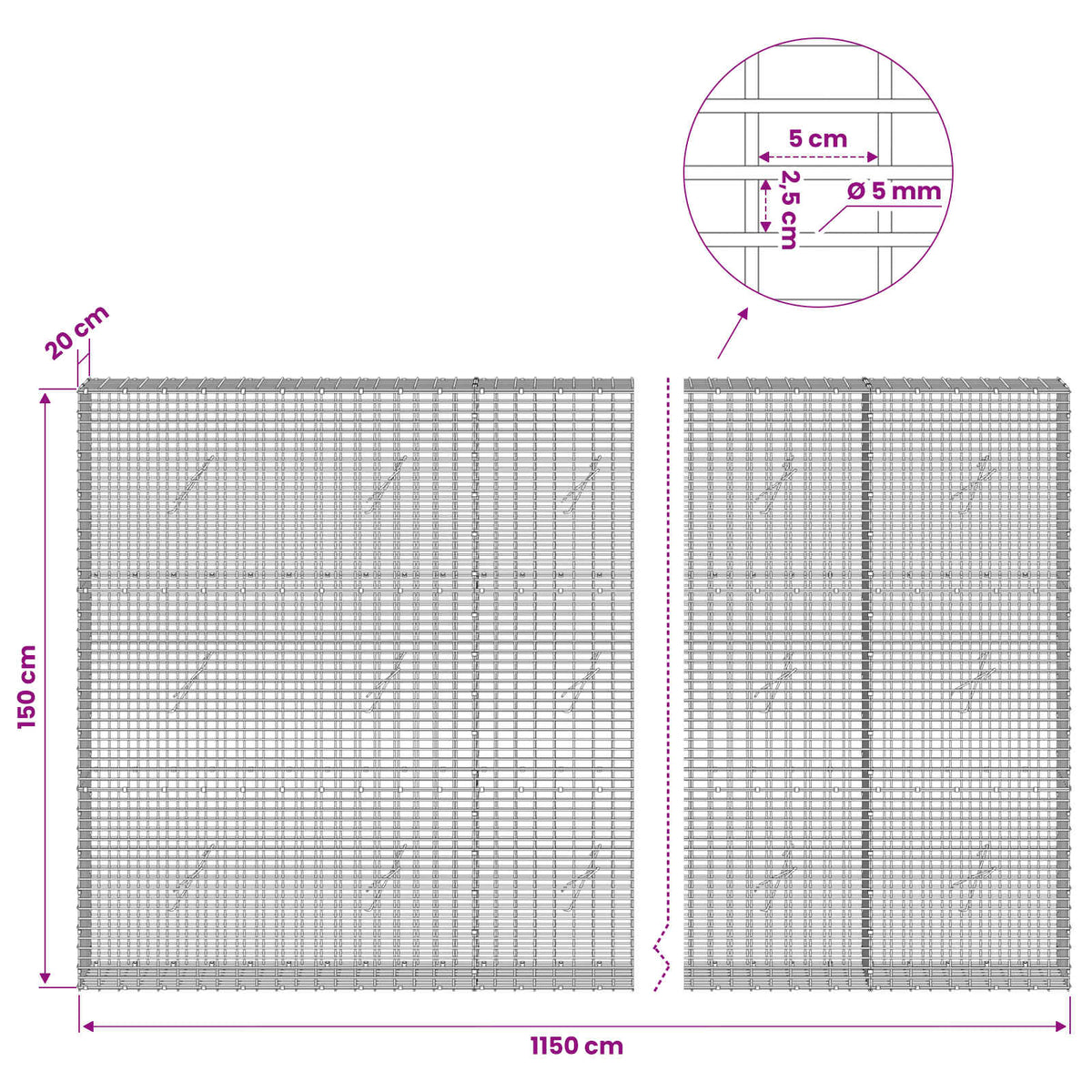 Gabion with 5 mm Wire and 5x2.5 cm Mesh 1150x20x150 cm