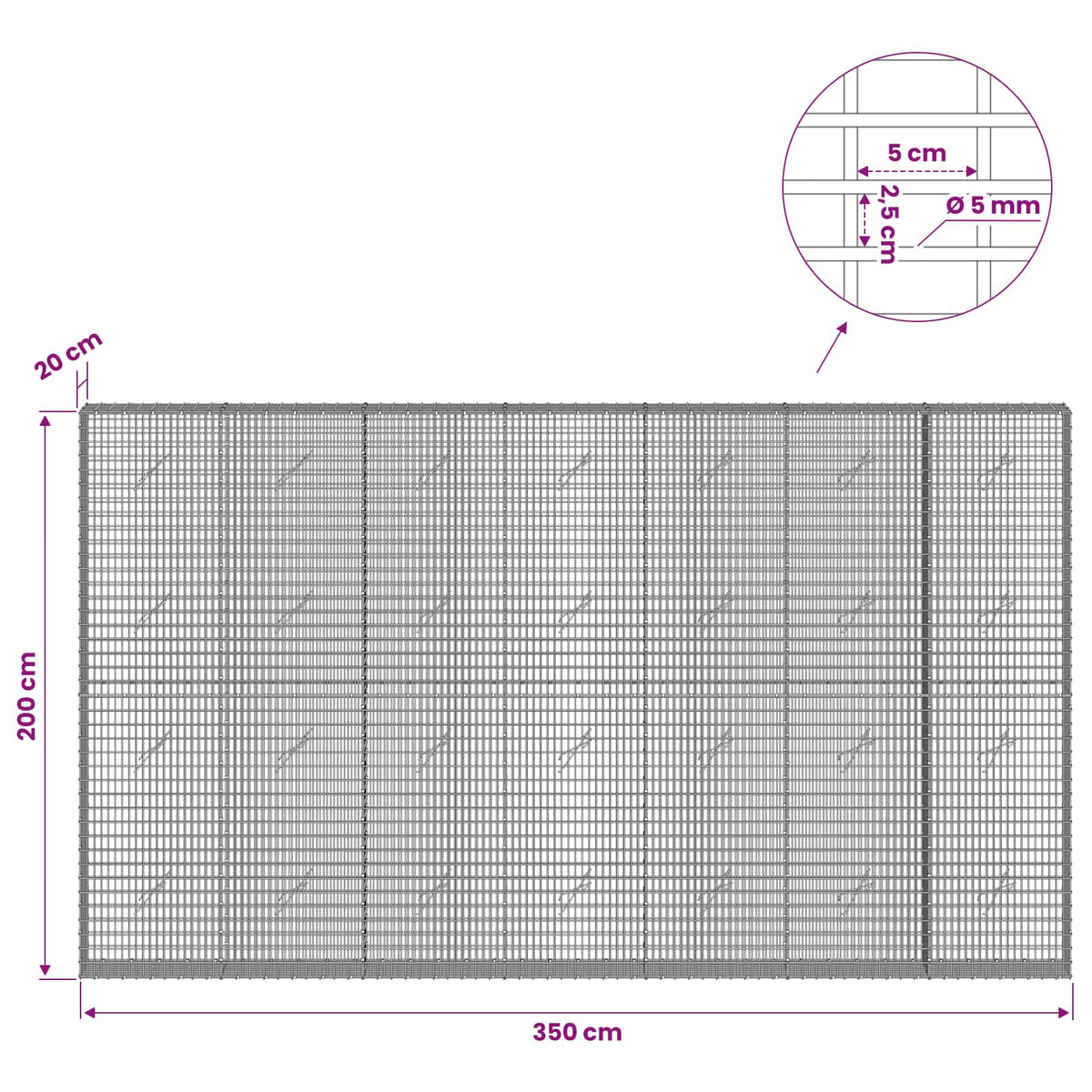 Gabion with 5 mm Wire and 5x2.5 cm Mesh 350x20x200 cm