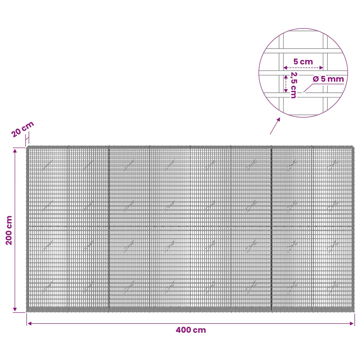 Gabion with 5 mm Wire and 5x2.5 cm Mesh 400x20x200 cm