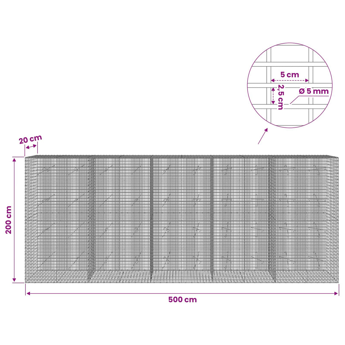 Gabion with 5 mm Wire and 5x2.5 cm Mesh 500x20x200 cm
