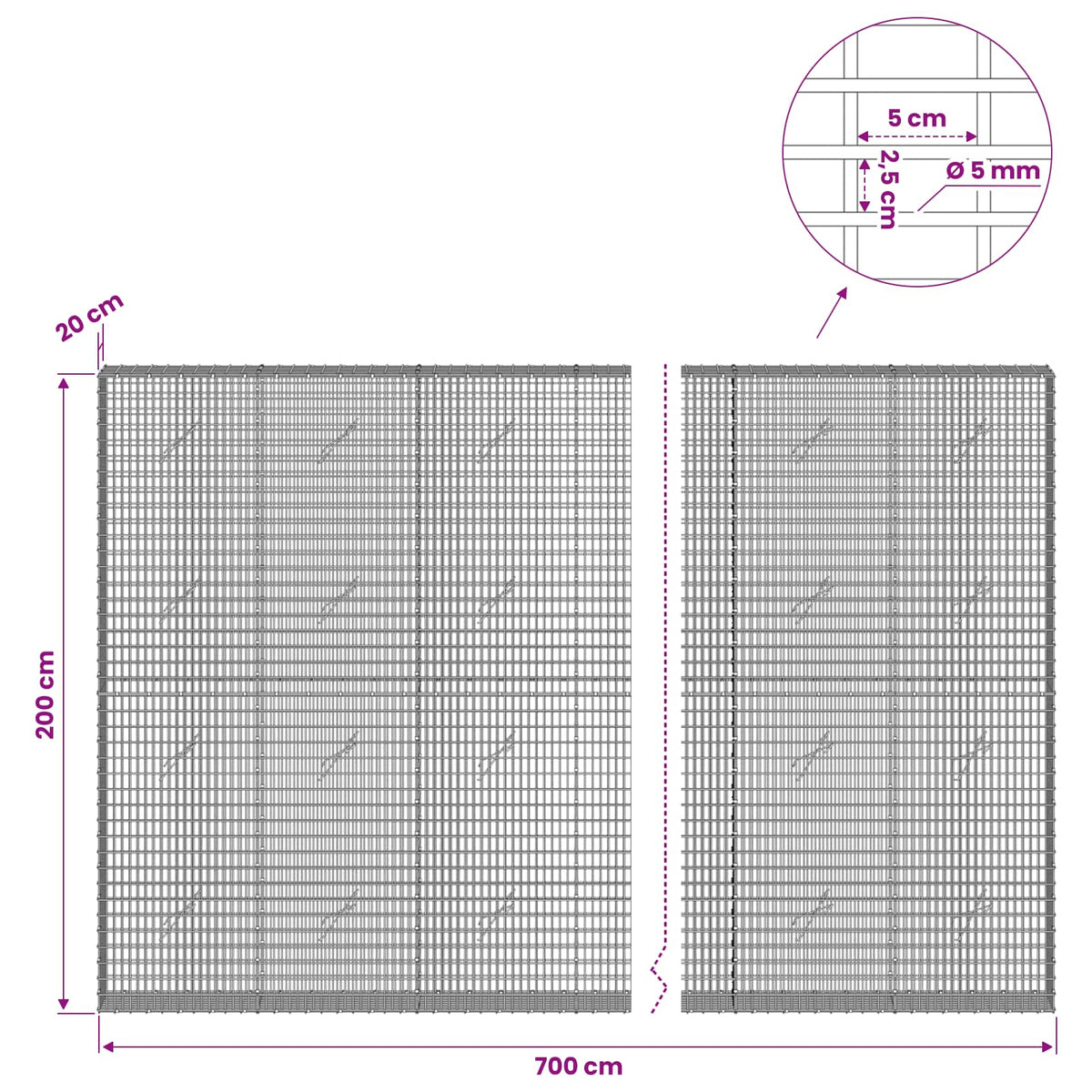 Gabion with 5 mm Wire and 5x2.5 cm Mesh 700x20x200 cm