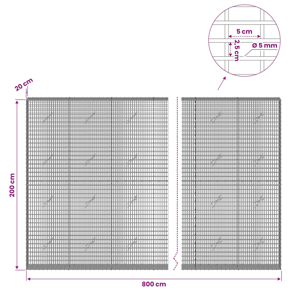 Gabion with 5 mm Wire and 5x2.5 cm Mesh 800x20x200 cm