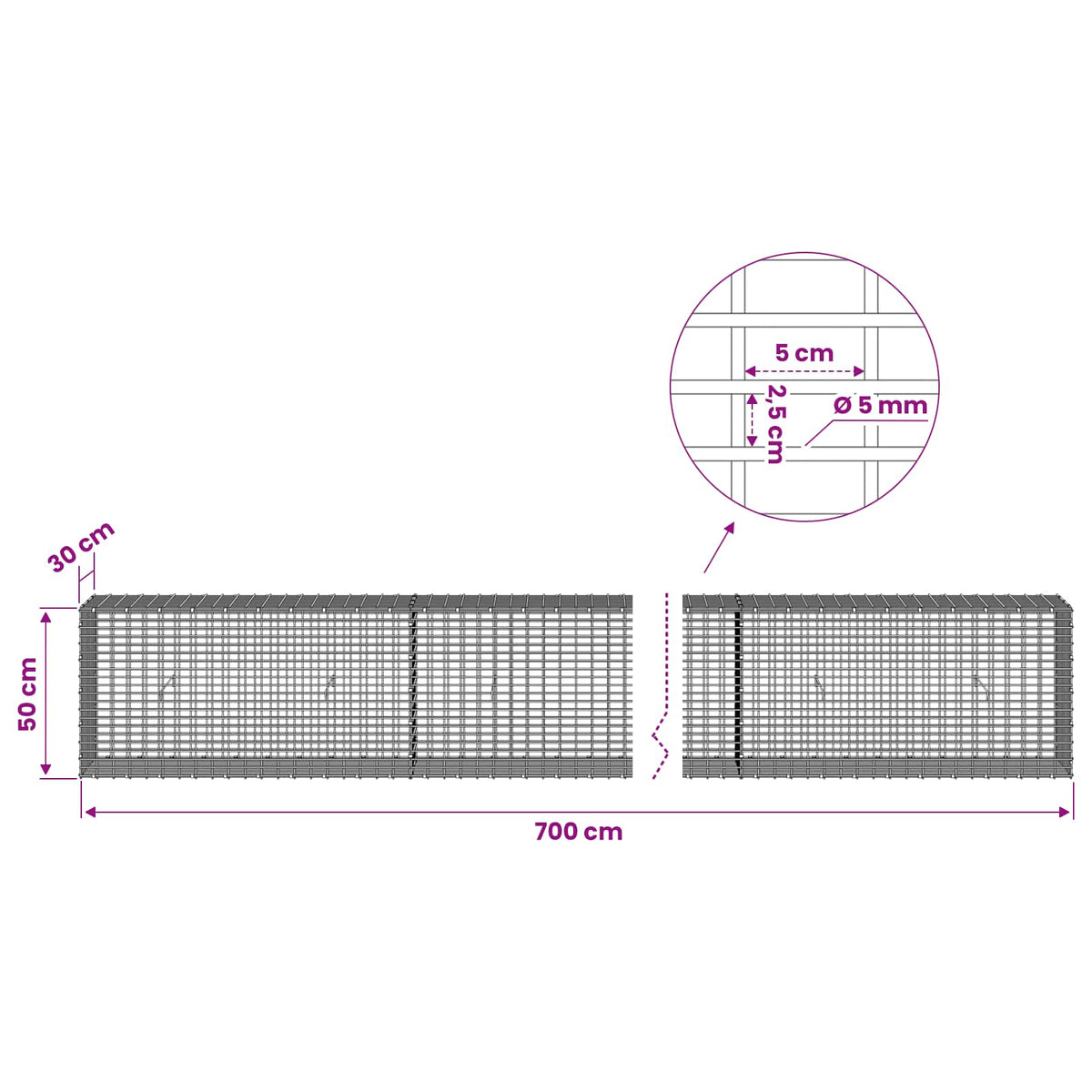Gabion with 5 mm Wire and 5x2.5 cm Mesh 700x30x50 cm