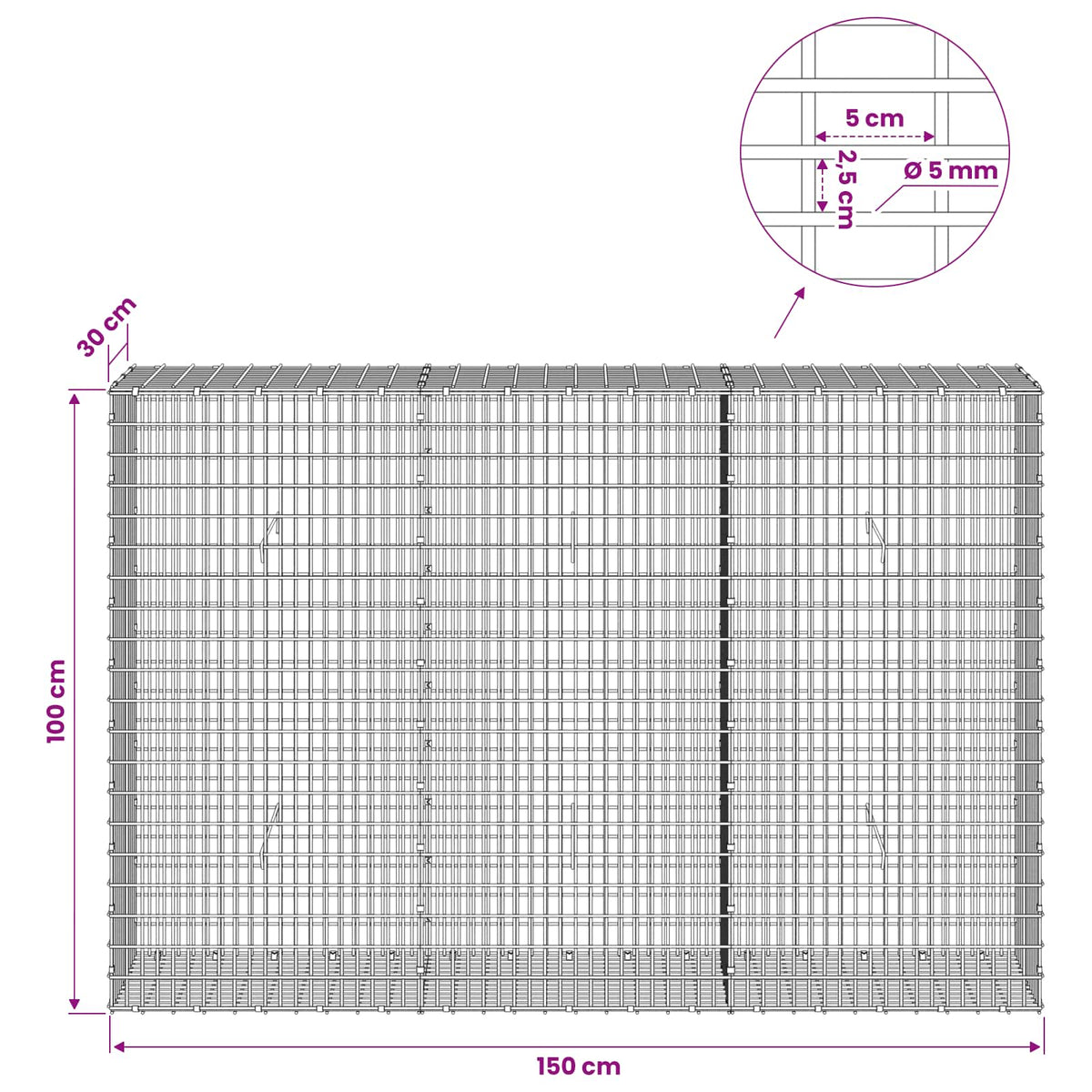 Gabion with 5 mm Wire and 5x2.5 cm Mesh 150x30x100 cm