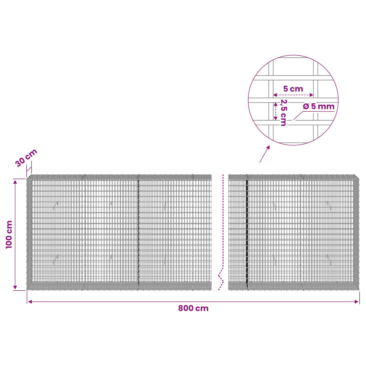 Gabion with 5 mm Wire and 5x2.5 cm Mesh 800x30x100 cm