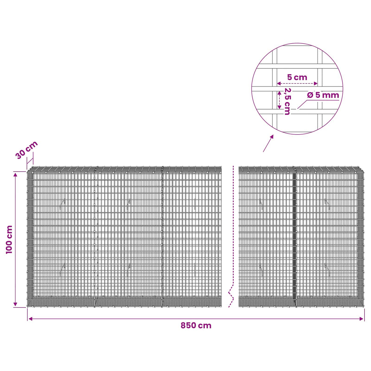 Gabion with 5 mm Wire and 5x2.5 cm Mesh 850x30x100 cm